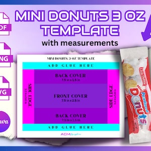 Op de afbeelding: Een sjabloon voor het maken van aangepaste verpakkingen voor mini donuts. De sjabloon bevat een voorzijde, een achterzijde en zijkanten. De sjabloon is 19,1 cm breed en 14,2 cm hoog. De sjabloon is ontworpen om te worden afgedrukt op een standaard A4-vel papier.