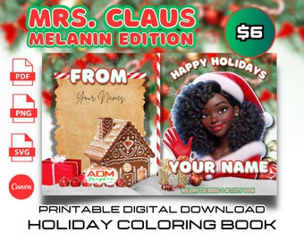 Printable Christmas Coloring Book | Melanin Coloring Book | Christmas Party Favors | 8.5 x 11 & 8.5 x 14 Sizes | Black Mrs. Claus