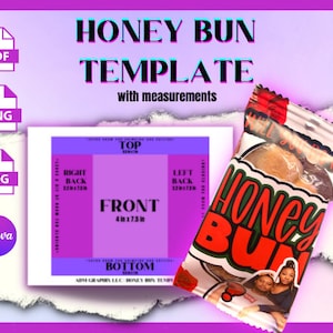 Puede incluir: Una plantilla para crear un envoltorio de Honey Bun con medidas para los paneles frontal, posterior, superior e inferior. La plantilla se muestra con una foto de una pareja en la parte frontal del envoltorio.