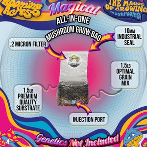 May include: A 3LB mushroom grow bag with a 10mm industrial seal, 1.5LB of premium quality substrate, 1.5LB of optimal grain mix, and a 0.2 micron filter. The bag has an injection port and the text "Booming Acres Magical All-In-One Mushroom Grow Bag" is printed on the bag. The text "Genetics Not Included" is printed below the bag.