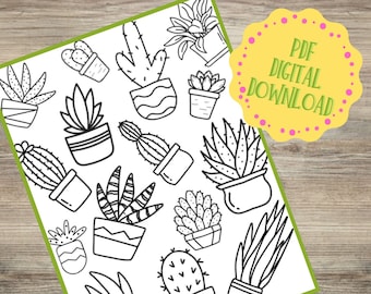 May include: A black and white printable coloring page featuring a variety of potted succulents and cacti. The page is titled "PDF Digital Download".