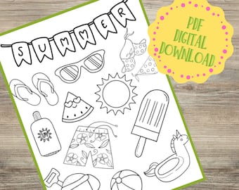 May include: A black and white printable coloring page with the word "SUMMER" in a banner at the top. The page features various summer-themed images, including sunglasses, flip-flops, a watermelon, a popsicle, a beach ball, a bucket and shovel, and a unicorn float.