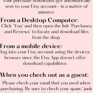 K&ouml;nnte beinhalten: Textbasierte Anweisungen zum Herunterladen digitaler K&auml;ufe von Etsy. Die Anweisungen umfassen das Herunterladen von einem Desktop-Computer, einem Mobilger&auml;t und beim Auschecken als Gast.