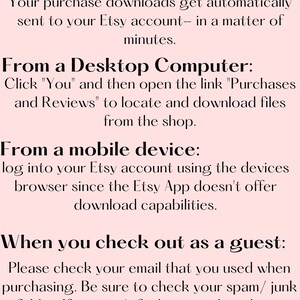 Może przedstawiać: Instrukcje tekstowe dotyczące pobierania zakup&oacute;w cyfrowych z Etsy. Instrukcje obejmują pobieranie z komputera stacjonarnego, urządzenia mobilnego i podczas dokonywania płatności jako gość.