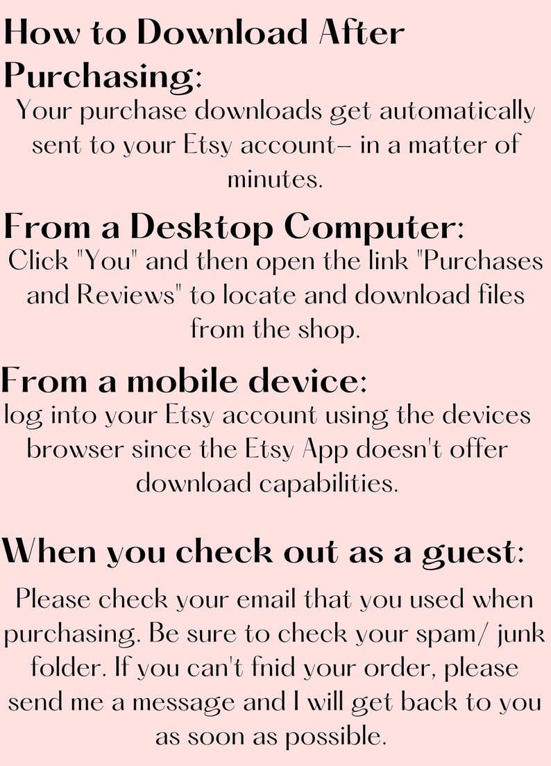 Może przedstawiać: Instrukcje tekstowe dotyczące pobierania zakup&oacute;w cyfrowych z Etsy. Instrukcje obejmują pobieranie z komputera stacjonarnego, urządzenia mobilnego i podczas dokonywania płatności jako gość.