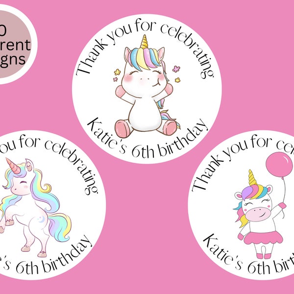 Custom Kids Unicorn Birthday Party Favors,  Personalized Birthday Stickers, Party Treat Bag Labels, Girls, Custom Age Name
