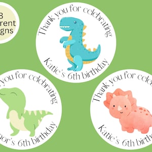 Custom kids dinosaur birthday party favors,  personalized birthday stickers, party treat bag labels, boys, girls, custom age name