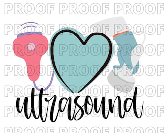 May include: A blue heart with a black outline, a pink ultrasound wand with a white cord, and a white ultrasound probe with a blue glove. The text "ultrasound" is written in black cursive below the image.