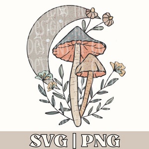 May include: A digital illustration of two mushrooms with pink and orange caps and a crescent moon in the background. The mushrooms are surrounded by green leaves and pink and yellow flowers.