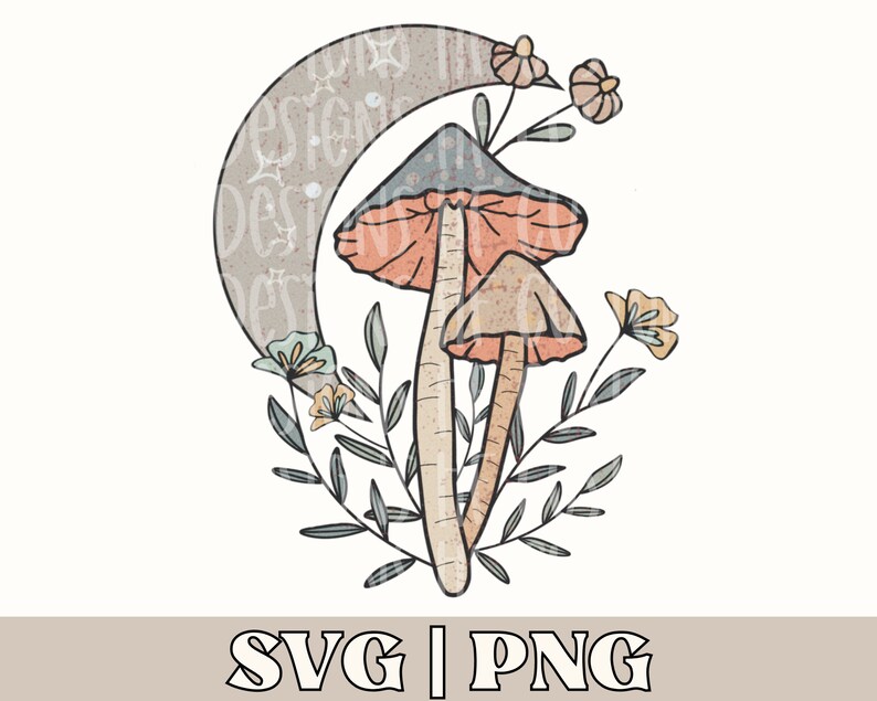 May include: A digital illustration of two mushrooms with pink and orange caps and a crescent moon in the background. The mushrooms are surrounded by green leaves and pink and yellow flowers.