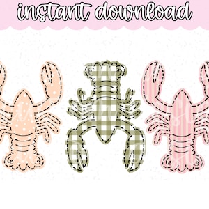 May include: Three digital clipart images of lobsters in different colors and patterns. The lobsters are in a gingham pattern, one is green and white, one is pink and white, and one is orange and white.