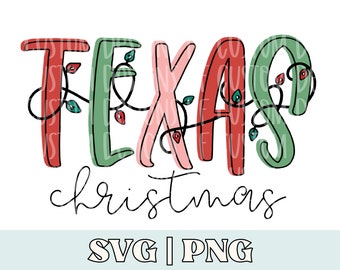 Puede incluir: Un diseño festivo con la palabra "TEXAS" en rojo, verde y rosa con una cadena de luces alrededor de las letras. El texto "christmas" está escrito debajo en cursiva negra. El diseño incluye el texto "SVG | PNG" en la parte inferior.