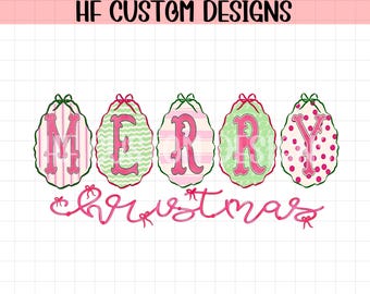 Merry Christmas Ornament Letters PNG • Pink Green Preppy Christmas Design • Cute Holiday Shirt Graphic • Girly Christmas Clipart •