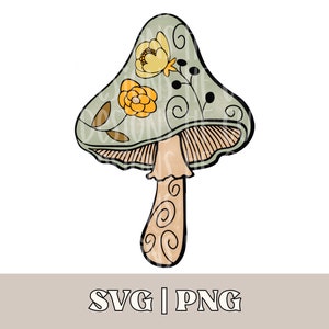 May include: A green mushroom with a brown stem and yellow flowers on the cap. The mushroom has a whimsical, hand-drawn style.
