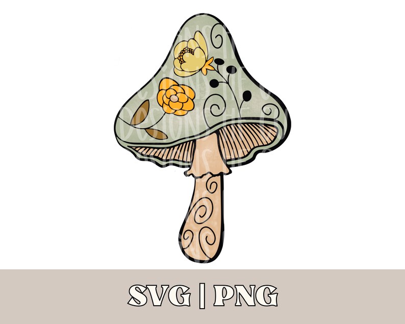 May include: A green mushroom with a brown stem and yellow flowers on the cap. The mushroom has a whimsical, hand-drawn style.