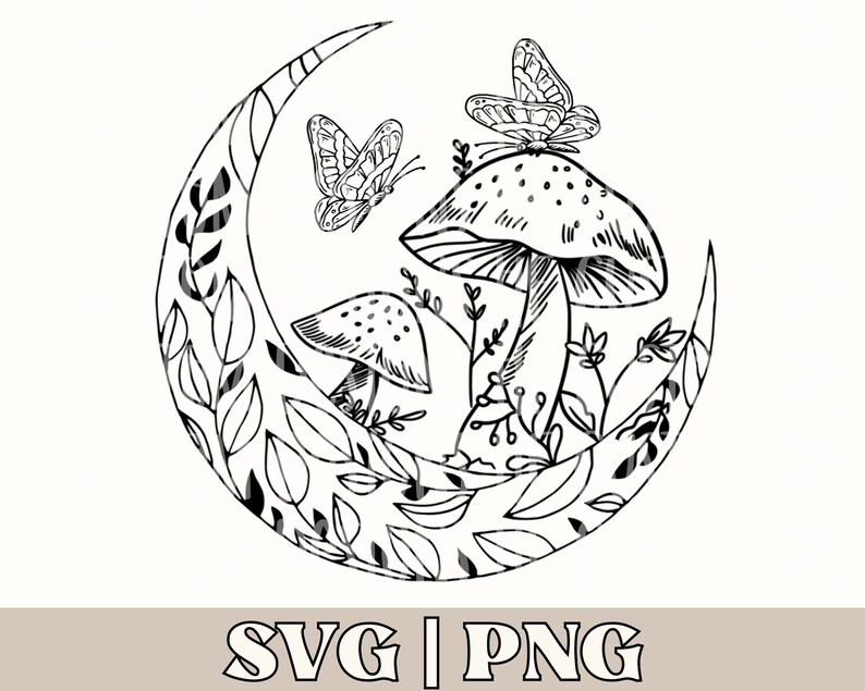 Op de afbeelding: Zwart-witte lijntekening van een halve maan met paddenstoelen en vlinders. De maan is omringd door bladeren en bloemen.