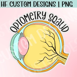 Puede incluir: Una pegatina con una ilustración detallada de un ojo humano en sección transversal. El ojo está representado en tonos amarillos, rosas, azules y naranjas, con venas negras y el texto "OPTOMETRY SQUAD" en un diseño circular.