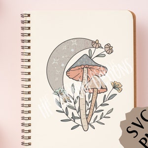 May include: A digital illustration of a mushroom with a crescent moon and flowers. The mushroom is pink and gray with a white stem. The moon is gray with white stars. The flowers are pink and yellow.