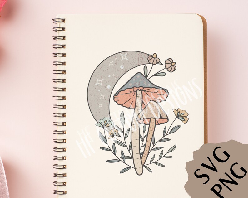 May include: A digital illustration of a mushroom with a crescent moon and flowers. The mushroom is pink and gray with a white stem. The moon is gray with white stars. The flowers are pink and yellow.