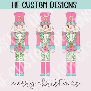 May include: Three pink and green nutcracker figurines with white beards and blue hats. The text "merry christmas" is written below the figurines.