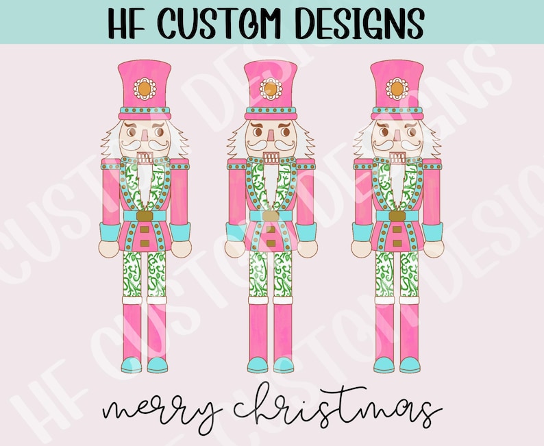 May include: Three pink and green nutcracker figurines with white beards and blue hats. The text "merry christmas" is written below the figurines.
