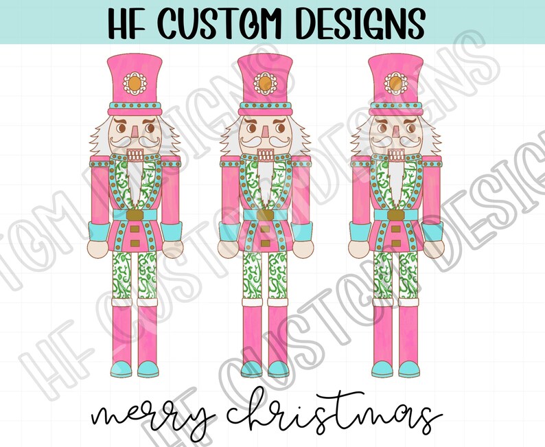 May include: Three pink and white nutcracker figurines with green and gold accents. The nutcrackers are wearing pink hats with gold trim and have white beards. The text "merry christmas" is written below the nutcrackers.