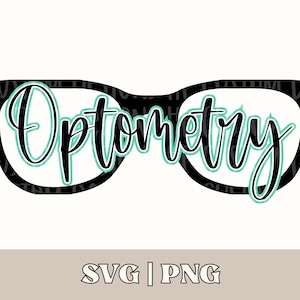 Puede incluir: Silueta en blanco y negro de unas gafas con la palabra "Optometry" escrita en cursiva dentro de las lentes. La palabra "Optometry" está delineada en turquesa.