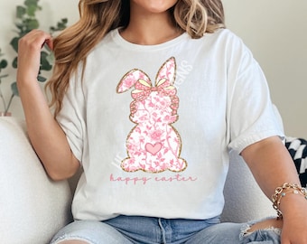 Pink Coquette Bunny PNG, Preppy easter PNG, Bunny bow PNG sublimation, Trendy Easter PnG, Toile easter, Faux glitter, Kids easter png