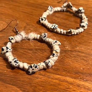 Wool and wire wrapped hoop, BoHo dangle earrings with dalmatian jasper
