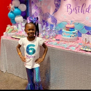 Mermaid Birthday Bell Bottom Outfit Set / Mermaid Birthday Number Shirt/ Mermaid Bell bottoms Pants/ Personalize Name and Number