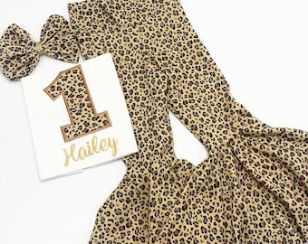 Girls Birthday Cheetah Birthday Outfit Set / Wild Theme Birthday Number Shirt/ Cheetah Print Bday Bell Bottoms / Personalize Name and Number