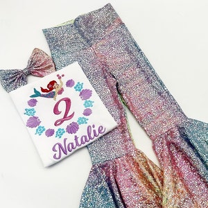 Mermaid Birthday Bell Bottom Outfit Set / Mermaid Birthday Number Shirt/ Multicolor Rainbow bottoms Pants/ Personalize Name and Number