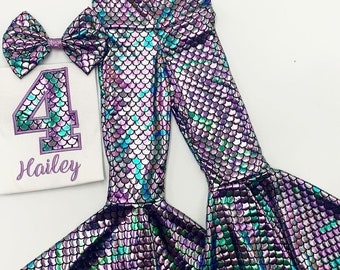 Mermaid Birthday Bell Bottom Outfit Set / Mermaid Birthday Number Shirt/ Mermaid Bell bottoms Pants/ Personalize Name and Number