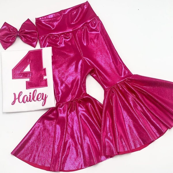 Girl's Birthday Bell Bottom Outfit Set / Girl's Birthday Number Shirt/ Hot Pink Bell bottoms Pants/ Personalize Name and Number