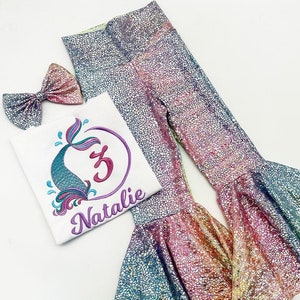 Mermaid Birthday Bell Bottom Outfit Set / Mermaid Birthday Number Shirt/ Multicolor Rainbow Bell bottoms Pants/ Personalize Name and Number