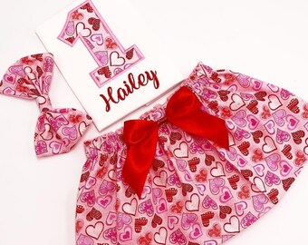 Valentine Birthday Outfit Set /Valentine Hearts Bday Embroidered Number Shirt/Valentine's Hearts  Bday Skirt/ Personalize Name and Number