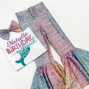 Mermaid Birthday Bell Bottom Outfit Set / Mermaid Birthday Shirt/ Multicolor  Rainbow Bell bottoms Pants/ Personalize Name and Number