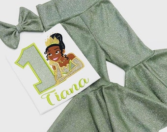 Girl Princess Birthday Bell bottoms Outfit Set / Princess Bday Shirt/ Light Green Bell Bottoms / Personalize Name and Number