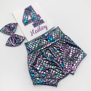 Mermaid Birthday Outfit Set / Mermaid Birthday Number Shirt/ Mermaid Bday Bummies Shorts / Personalize Name and Number
