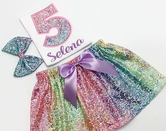 Girl Birthday Skirt Outfit Set /Girl Birthday Number Shirt/Chromatic Multicolor Skirt / Personalize Name and Number
