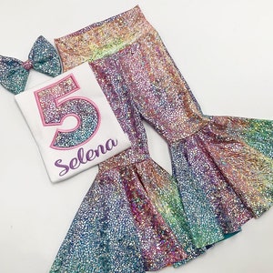 Girl Birthday Bell Bottom Outfit Set /Girl Birthday Number Shirt/Chromatic Multicolor Bell bottoms Pants/ Personalize Name and Number