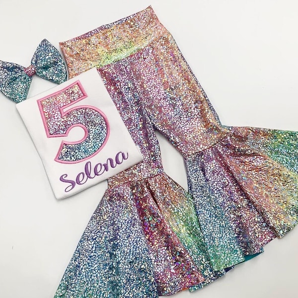 Girl Birthday Bell Bottom Outfit Set /Girl Birthday Number Shirt/Chromatic Multicolor Bell bottoms Pants/ Personalize Name and Number