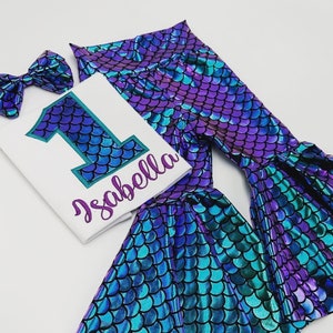 Mermaid Birthday Bell Bottom Outfit Set / Mermaid Birthday Number Shirt/ Mermaid Bell bottoms Pants/ Personalize Name and Number