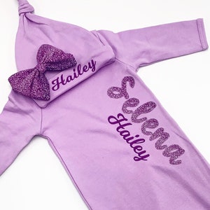 Girl Special Coming Home Gown Outfit/ Purple Newborn Gown Set/ Perfect for Newborn 1st Outfit or a Baby Shower Gift/ Personalize Baby Gown