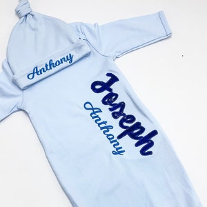 Boy Special Coming Home Gown Outfit/ Blue Newborn Gown Set/ Perfect for Newborn 1st Outfit or a Baby Shower Gift/ Personalize Baby Gown