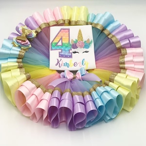 Unicorn Birthday Tutu Outfit / Unicorn Birthday Shirt/ Multicolor Tripple Ribbon Tutu Skirt/ Personalize Name and Number