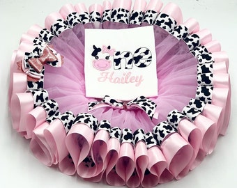 Cow Birthday Tutu Outfit/ Embroidered Cow Bday Shirt Pink Cow Tutu/ Personalize Name