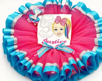 Girl  Birthday Tutu Outfit/ Girl Embroidered Bday Shirt/ Turquoise and Silver Double Ribbon Tutu Skirt/ Personalize Name & Age