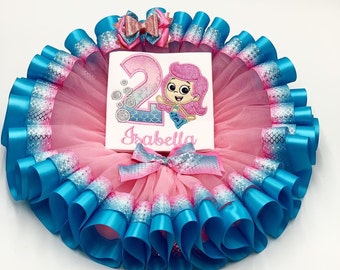 Mermaid Birthday Tutu Outfit/ Mermaid Birthday Shirt/ Pink and Blue Double Ribbon Tutu Skirt/ Personalize Name and Age