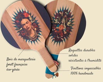 Set of wooden beach rackets France beach-tennis & Frescobol- Racquet sport, Men's gift idea, women's gift, Frida Kahlo, icon